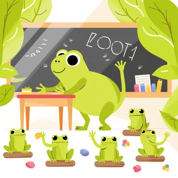A green frog with large, round eyes stands at a small wooden desk in the front of a classroom. The classroom is constructed from overlapping leaves and intertwined twigs. The walls consist of large, vibrant green leaves, and sunlight filters through, casting playful shadows. A chalkboard made of a dark leaf is behind the frog, with doodles and letters drawn in white chalk. In front of the frog, a group of small, curious young frogs sit on tiny logs, attentively looking up and taking notes on leaf tablets. One young frog raises its hand, eager to answer a question. Various classroom supplies, like colorful stones and flower petals, are scattered around the room.