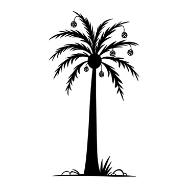 A tall date palm tree with a slender trunk reaching upward. Clusters of dates hang from its high branches, some dates tightly grouped together while others are more spaced out. The fronds of the palm tree fan out elegantly, casting intricate shadows on the ground below. The surrounding area is dotted with small rocks and a few tufts of grass at the base of the tree.
