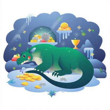 A legendary creature resembling a large, dragon-like being is resting in a cavern. Its scales are a rich emerald green, shimmering in the dim light. The creature's wings are folded tightly against its body, and its long tail curls around piles of gold coins and glittering gemstones scattered across the rocky ground. The cavern walls glisten with moisture, and stalactites hang from the ceiling. In the background, there are various treasures, including ornate golden chalices and intricate silver jewelry, illuminated by the faint glow of bioluminescent fungi growing in the corners of the space. The atmosphere is rich with the allure of ancient riches, and the creature looks both majestic and powerful as it guards its hoard.