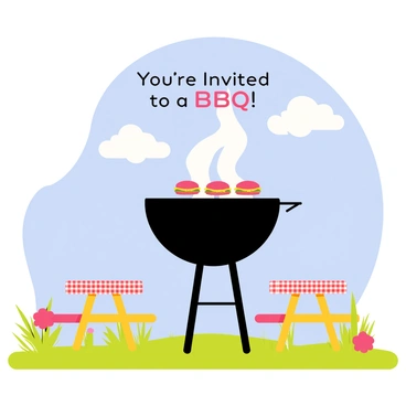 A backyard BBQ invitation featuring a large charcoal grill with smoke rising from the top. The grill has several juicy burgers sizzling on the grate. Fluffy white clouds drift across a bright blue sky. Colorful picnic tables are set nearby, adorned with red and white checkered tablecloths. Green grass surrounds the area, with flowers blooming in vibrant colors. The text "You're Invited to a BBQ!" is prominently displayed at the top of the invitation.