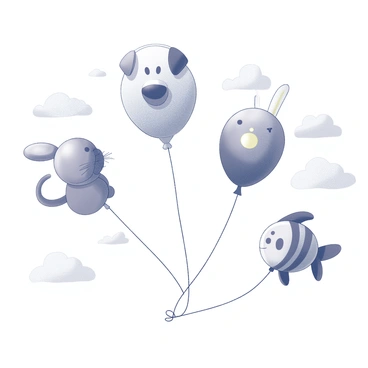 A variety of shaped balloons floating in the sky, each designed to resemble a different animal. There is a balloon in the shape of a dog, complete with floppy ears and a wagging tail. Another balloon mimics a cat, featuring pointed ears and a curled tail. A balloon shaped like a rabbit has long ears and a round body, while a colorful balloon resembles a fish, complete with fins and scales. The balloons are drifting gently among fluffy clouds, creating a whimsical scene of playfulness and joy. The sky surrounding the balloons is expansive, providing a sense of freedom and adventure.