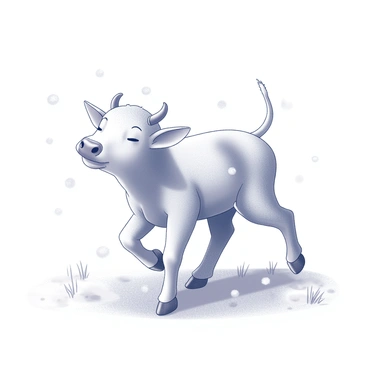 A two-headed calf is playfully frolicking in a snow-covered field. Each head has a distinct expression, one appearing curious and the other joyful. The calf's body is robust and covered in a light coat, showing subtle details of its fur texture. Snowflakes are gently falling around the scene, landing softly on the calf's backs and the ground. The surrounding landscape is a blanket of white snow, dotted with patches of grass peeking through.
