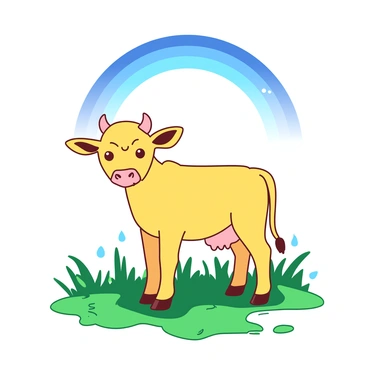 A yellow two-headed calf stands in a grassy field under a bright blue rainbow that arcs across the sky. The calf has a unique appearance, with two heads, each adorned with curious eyes and soft fur. The ground is glistening from the recent rain, with small puddles reflecting the colors of the rainbow above. Lush green grass surrounds the calf, while a few droplets are still clinging to the blades, capturing the light of the rainbow.