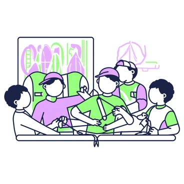 A group of children is gathered around a wooden table, each focused intently on tying a cleat hitch. They are using thick rope, which is draped over the edge of the table. One child, with short hair wearing a bright cap, is demonstrating the knot while others watch closely. Each child has a nautical-themed bandana around their neck, and in the background, several colorful life vests are hung on a wall. A large poster depicting a sailboat is prominently displayed, providing context for the camp activity. The atmosphere is lively, with the children engaged in learning and collaborating.