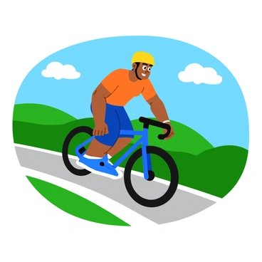 A shiny bicycle chain with interlocking links is depicted in motion, catching the sunlight as it rotates rapidly. The chain is attached to a vibrant blue bicycle, which is being pedaled uphill by a rider wearing a bright yellow helmet and orange jersey. The background features a clear blue sky with a few fluffy clouds and rolling green hills, emphasizing a sunny day. The rider's muscles are visibly engaged as they lean forward, showcasing the effort exerted while climbing the incline.