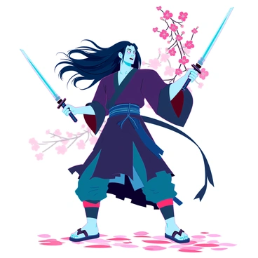 A samurai in a berserk state, with fierce eyes and a fierce expression on his face. He has long, flowing black hair, wild and unrestrained, framing his intense features. He is wearing a dark, tattered kimono that flutters around him as he moves. In each hand, he wields a gleaming katana, the blades reflecting light as he brandishes them with precision. Cherry blossoms swirl around him, their pink petals contrasting sharply with the darkness of his attire. The ground is scattered with fallen petals, creating a vibrant carpet beneath his feet. His stance is dynamic and aggressive, conveying a sense of power and determination.