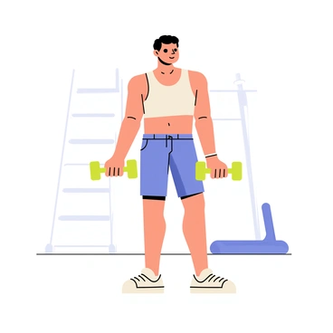 A cartoon-style illustration depicting a person performing a dumbbell bicep curl exercise. The individual is standing upright with a strong, athletic build. They are holding a dumbbell in each hand, with their arms fully extended at their sides. The elbows are close to the torso, showcasing the correct posture. The person's facial expression is focused and determined. The background features a simple gym setting, including a weight rack and some fitness mats.