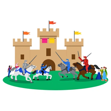 A group of toy soldiers dressed as medieval knights are engaging in a jousting competition. Each knight is mounted on a small, colorful horse, showcasing various armor colors like shiny silver, deep blue, and vivid red. The knights wield lances, poised for action. In the background, a cardboard castle towers, with tall turrets and decorative flags fluttering at the top. The ground beneath them is covered in a green felt, resembling grass, and there are small toy spectators cheering on the knights. Bright banners hang from the castle walls, adding vibrant splashes of color to the scene.