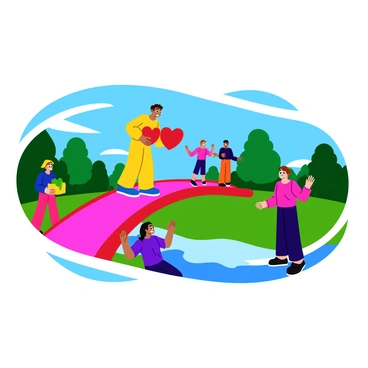 A person constructing a bridge made of colorful hearts. The hearts are vibrant red, pink, and purple, creating a visually striking pathway. On one side of the bridge, a group of people stands, appearing excited and cheerful, while on the opposite side, another group looks hopeful and curious. The person building the bridge is wearing a bright yellow outfit and has a focused expression as they carefully place each heart. The background features lush green trees and a bright blue sky, emphasizing a lively atmosphere.