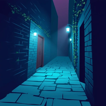 A shadowy alleyway with uneven cobblestones leading into darkness. Flickering lanterns cast dim light on the walls, creating soft pools of illumination. The bricks are damp and weathered, hinting at years of neglect. Shadows dance between the buildings, suggesting hidden secrets waiting to be uncovered. Faint outlines of overgrown vines climb the walls, adding to the mysterious atmosphere. A small wooden door stands ajar at the end of the alley, teasing glimpses of what lies beyond.