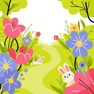 A magical garden filled with oversized flowers in vibrant colors such as red, blue, and yellow. The flowers have large petals and intricate patterns. Among the plants, playful creatures, such as small rabbits and colorful butterflies, are hiding and peeking out. The ground is covered in lush green grass, and there are winding paths leading through the garden. Sunlight filters through the leaves, casting gentle shadows on the scene.