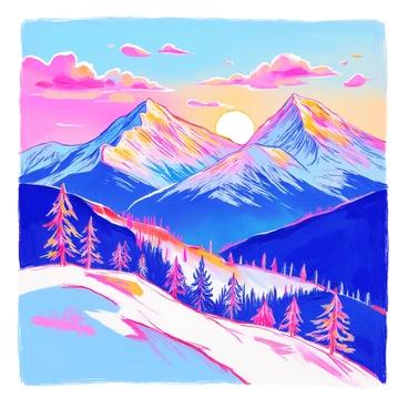 A panoramic view features a snowy mountain range with tall peaks. The sun is setting behind the mountains, casting warm orange and pink hues across the sky. The landscape is covered in a blanket of pristine white snow, reflecting the colors of the sunset. Wispy clouds are scattered across the sky, illuminated by the fading light. In the foreground, a few evergreen trees add contrast to the scene.