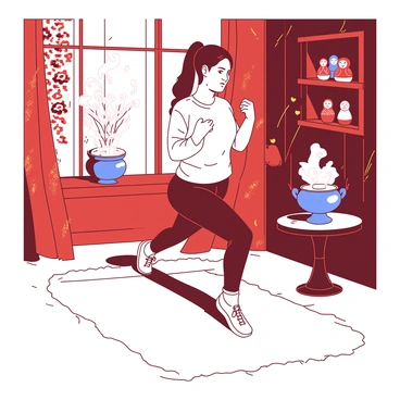 A person with a focused expression is performing Russian twists on a plush white rug in a room filled with traditional Russian decor. The walls are adorned with intricate patterns featuring red and gold motifs, and there are wooden shelves displaying colorful Matryoshka dolls. A small round table nearby holds a steaming blue samovar, and a vase with fresh flowers sits on the table. The person, wearing comfortable workout clothes, is engaged in the exercise with their feet elevated above the rug, creating a dynamic scene.