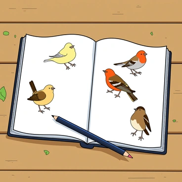 An open artist's sketchbook lies on a wooden table, showcasing a page filled with detailed studies of various finches. The finches include a small yellow finch with delicate feathers, a vibrant red-capped finch, and a brown-striped finch. Each finch is sketched with precision, displaying their unique features and postures. The edges of the page are slightly curled, and a pencil rests beside the sketchbook. Soft pencil shading adds depth to the illustrations, highlighting the finches' forms and expressions. The table surface is adorned with tiny flecks of graphite and a few scattered leaves, suggesting a natural outdoor setting.