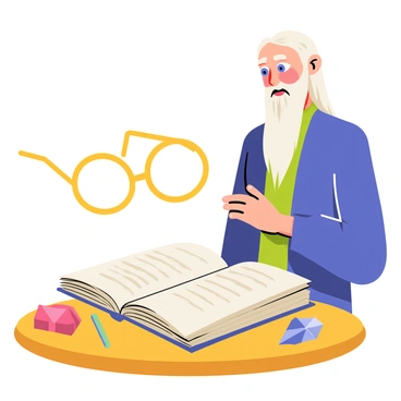 A pair of round, golden glasses floating above an open book resting on a wooden table. The book pages are slightly ruffled, suggesting a gentle breeze. In the background, a tall, elderly wizard with long white hair and a beard, wearing a deep blue robe, looks on thoughtfully. His bright blue eyes are focused on the glasses, and his expression conveys deep contemplation. A few scattered magical objects, such as a shiny wand and a glowing crystal, are positioned around the table. The overall atmosphere is one of magic and wisdom.