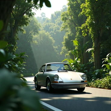 A sleek silver Porsche 911, with smooth curves and shiny chrome accents, is driving along a narrow, winding road. The car features distinctive round headlights and a low profile. Surrounding the vehicle is a lush rainforest, filled with dense greenery, towering trees, and vibrant tropical plants. Sunlight filters through the thick canopy above, casting dappled light on the pavement. Leafy vines hang from branches, and smaller shrubs and ferns thrive on the forest floor, creating a rich and verdant environment. The scene captures the dynamic motion of the car as it navigates through this vibrant landscape.