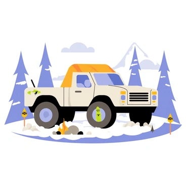 A large, rugged truck with oversized tires is parked in a snowy, arctic landscape. The truck is equipped with a bright orange rooftop tent, ready for camping, and has snowshoes and ice axes attached to its side. A small campfire is set up nearby, with a circle of rocks around it. Snow-covered pine trees are scattered in the background, and a clear blue sky stretches above, contrasting with the white snow. An avalanche warning sign is visible in the distance, adding to the adventurous atmosphere.