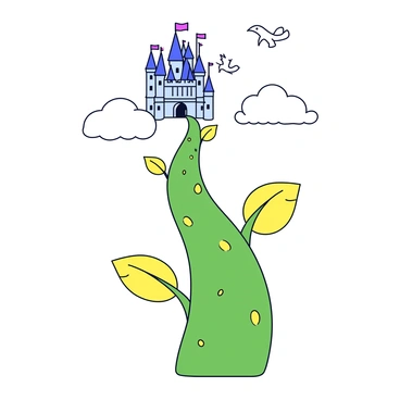 A giant beanstalk stretching into the clouds with a castle visible at the top