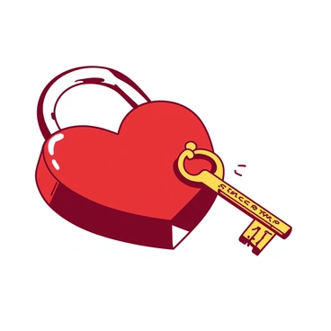 A red heart-shaped lock is prominently displayed, glistening under a soft light. Next to the lock, there is a small golden key resting on a smooth surface. The key is intricately designed and clearly labeled with the word "sincerity" etched into its shaft. The background is softly blurred, creating a focus on the lock and key.
