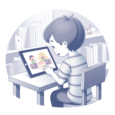 A child sitting at a small table, engaged with a tablet device displaying an animated eBook. The child is leaning forward, with both hands on the tablet, showing excitement and curiosity. The tablet screen is bright with colorful illustrations and animated characters. The background features shelves filled with books and educational toys, creating a cozy reading environment. The child has short brown hair and is wearing a striped shirt, with a look of concentration on their face as they interact with the content.