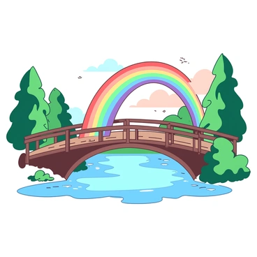 A vibrant rainbow with seven distinct colors stretches elegantly across a wooden bridge. The bridge is positioned over a serene river, reflecting the colors of the rainbow in its calm waters. On either side of the bridge, lush green trees frame the scene, adding to the natural beauty. The sky above is clear with a hint of pastel hues, enhancing the overall sense of brightness and hope.