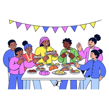 A vibrant community festival scene featuring a variety of people from different cultures. In the foreground, a group of individuals of diverse ethnic backgrounds is gathered around a large table filled with traditional foods from various cultures. Each dish is beautifully presented, showcasing unique colors and textures. One person is serving a plate of sushi, while another is placing a bowl of pasta on the table. Nearby, someone is sharing a platter of samosas, and another individual offers a plate of tacos. The expressions on their faces reflect joy and camaraderie as they engage in conversation, highlighting respect for diversity. Festive decorations, such as colorful banners and string lights, are visible in the background, adding to the celebratory atmosphere.