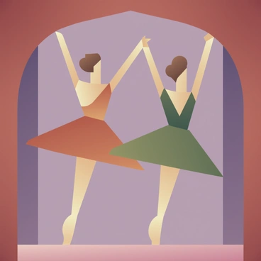 A ballet performance on a stage with dancers wearing costumes inspired by Art Deco design, featuring geometric patterns and bold silhouettes.