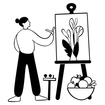 An artist standing in front of a large canvas, holding a paintbrush, is focused on painting a still life arrangement. The composition on the canvas includes a bunch of "rhubarb" stalks, with their leaves prominently displayed. Nearby, there are various "fruits" such as apples, pears, and grapes arranged in a bowl. A palette with different shades of paint is resting on a table beside the artist, and a small easel holds the artwork in place. The overall scene captures the process of creativity with the artist deeply engaged in their work.