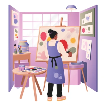 An artist in a vibrant studio, painting a large canvas with colorful splashes and brushes scattered around