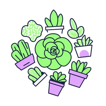 A circle of diverse succulents is displayed on a flat surface. Each succulent varies in shape and size, with some having thick, rounded leaves while others feature elongated, pointed leaves. The arrangement includes a prominent rosette-shaped succulent in the center, surrounded by smaller varieties with different textures. Some succulents have intricate patterns on their leaves, while others are smooth and glossy. The circle formation creates a harmonious composition, highlighting the natural diversity of the succulents. Each plant is nestled in individual pots, varying in design and size, contributing to the overall aesthetic of the collection.
