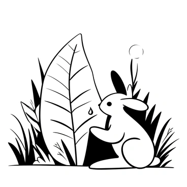 A rabbit crouching down beside a large, detailed leaf, with a single droplet of water resting on its surface. The rabbit is poised to drink from the droplet, its ears upright and alert. The leaf exhibits intricate patterns and textures, depicting the natural veins and contours. The surrounding environment is filled with tall grass and small plants, suggesting an early morning setting. The atmosphere is calm and tranquil, with soft shadows cast by the rising sun.