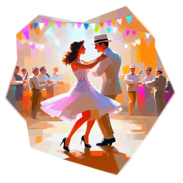 A dynamic scene featuring a pin-up girl with vibrant red lipstick and a polka dot dress, swinging joyfully with her dance partner in a 1940s dance hall. She has long, wavy brown hair styled in soft curls, and her partner, a man in a light-colored suit and a fedora, is twirling her gracefully. The dance hall is filled with wooden flooring, colorful bunting hanging from the ceiling, and a live band playing in the corner. Other couples can be seen dancing, creating an atmosphere of excitement and energy. Bright lights illuminate the scene, highlighting the lively expressions on the dancers' faces.