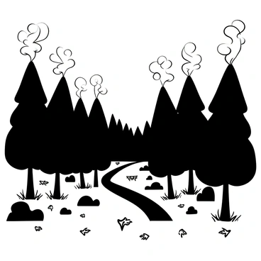 A dense forest in the background with tall, dark trees. Smoke billows upward from the treetops, curling into the air and spreading outwards, creating a misty haze. The ground is visible, covered with dry leaves and uneven terrain. Shadows of the trees stretch across the forest floor, adding depth to the scene. A winding path leads into the forest, partially obscured by the smoke.