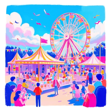 A carnival scene unfolds with a large, colorful Ferris wheel adorned with bright lights. There are several rides, including a spinning carousel with intricately painted horses. Groups of happy people are gathered, with some holding cotton candy and balloons. Children are laughing and playing games at various booths. The sky above is painted in vibrant shades of blue with fluffy white clouds scattered throughout. Brightly colored banners and flags flutter in the gentle breeze, adding to the festive atmosphere.
