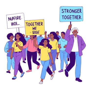 A group of diverse individuals is marching together in a peaceful parade. Each person is holding a unique sign displaying messages of unity. The group features individuals of different ages and ethnic backgrounds, smiling and engaging with one another. In the foreground, a young girl stands proudly, raising a bright yellow sign that reads "Together We Rise." To her right, an elderly man is holding a blue sign that says "Stronger Together." The atmosphere is one of harmony and togetherness, with people dressed in colorful clothing, reflecting a sense of celebration and community.