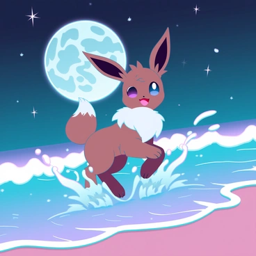 An Eevee with soft brown fur and large, expressive eyes is playfully frolicking on a sandy beach. The moonlight casts a silvery glow on the waves, creating a shimmering effect on the water. The waves are bright with luminous colors, reflecting shades of blue and purple under the night sky. The scene captures the joyful energy of the Eevee as it leaps through the sand, splashing water droplets around it. In the background, the night sky is filled with twinkling stars, creating a tranquil yet vibrant atmosphere.