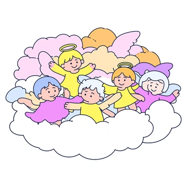 A group of angels with soft, rounded features is depicted among fluffy white clouds. The angels have delicate wings that are slightly translucent, shimmering in shades of pastel colors. The sky around them is filled with warm hues of orange, pink, and purple as the sun sets on the horizon. The clouds are billowy and layered, creating a sense of depth in the scene. Each angel is in a different pose, some with arms outstretched and others with serene expressions, contributing to a peaceful atmosphere.