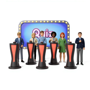 A group of five contestants standing at individual podiums on a brightly lit quiz show set. Each contestant has a unique appearance: one has short blonde hair and glasses, another has curly black hair and wears a blue shirt, a third has long red hair and a green dress, the fourth has shaved sides and a tattoo visible on his arm, and the fifth has medium-length brown hair and is dressed in a smart-casual outfit. Each podium features a large buzzer, and the contestants are positioned with their hands hovering over the buzzers, ready to press them. Behind them, a large digital display screen shows the quiz show logo and a countdown timer.
