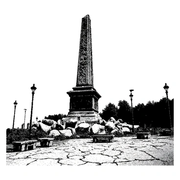 A famous monument stands tall yet shows signs of disrepair and neglect. Its structure is partially collapsed, with large stones fallen away from the main body. The monument features intricate carvings, showcasing its historical significance. Surrounding the monument, a deserted square is filled with cracked pavement and overgrown weeds, emphasizing the abandonment of the area. A few remnants of old benches and lampposts are scattered around, further indicating the desolate atmosphere. The sky above is clear, adding to the sense of stillness in this forgotten place.
