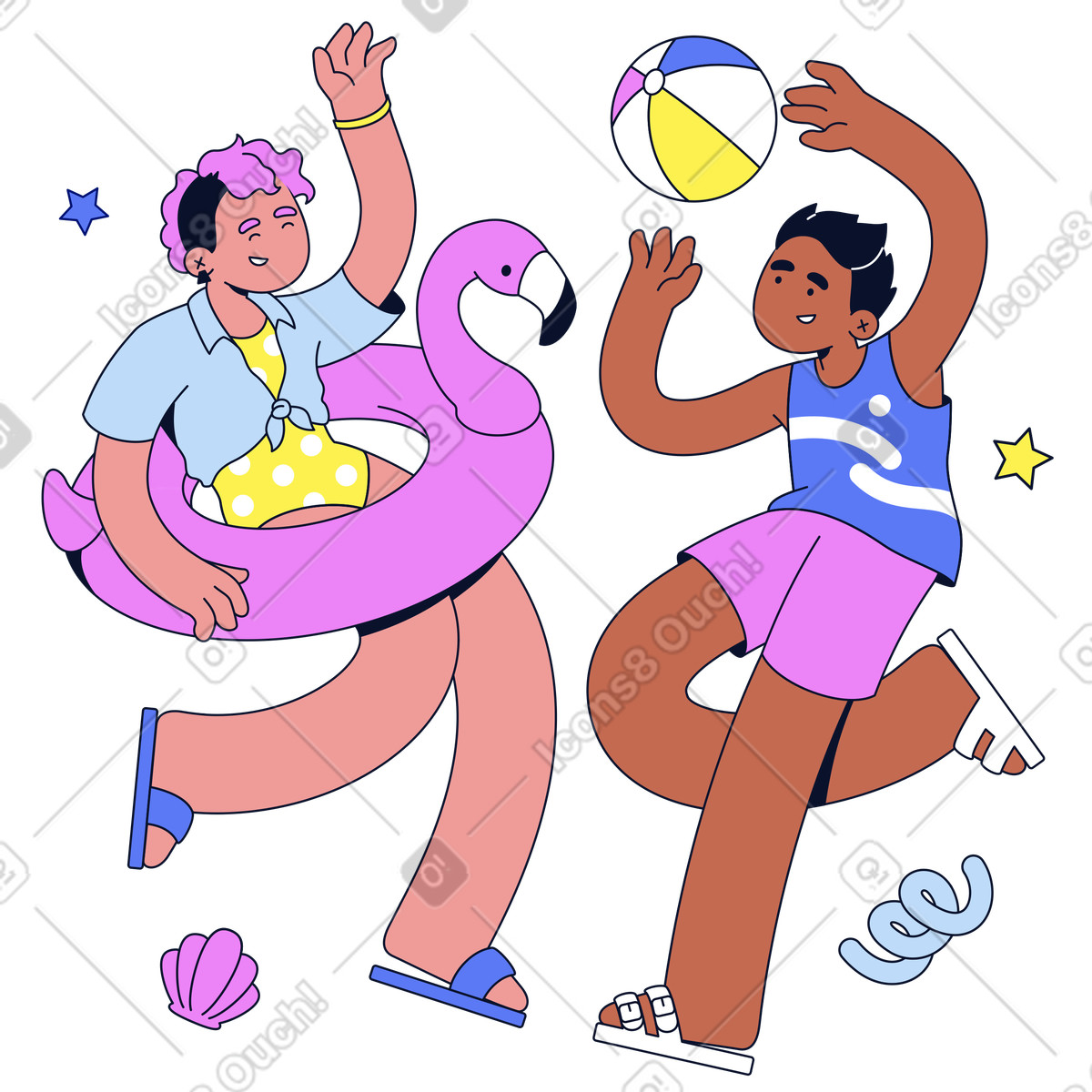 Couple playing with beach ball, Summer vacation fun and outdoor leisure illustration in Flexy style download in PNG, SVG
