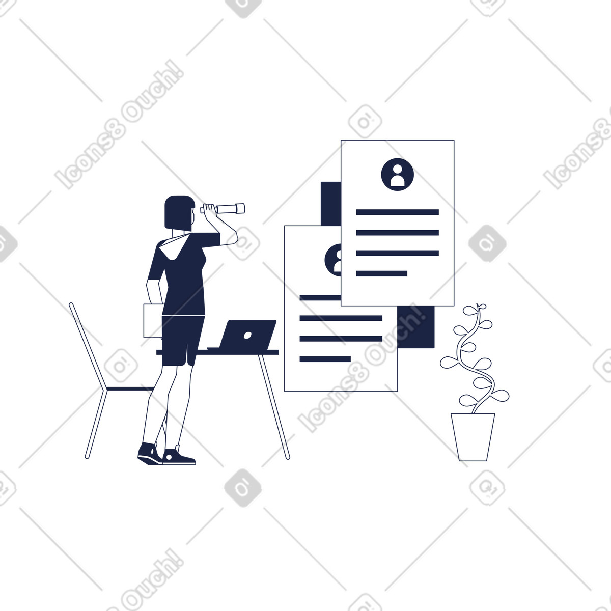 Frau mit fernglas, die lebensläufe der kandidaten durchsieht-Illustration im Urban Line-Stil als Download in PNG, SVG