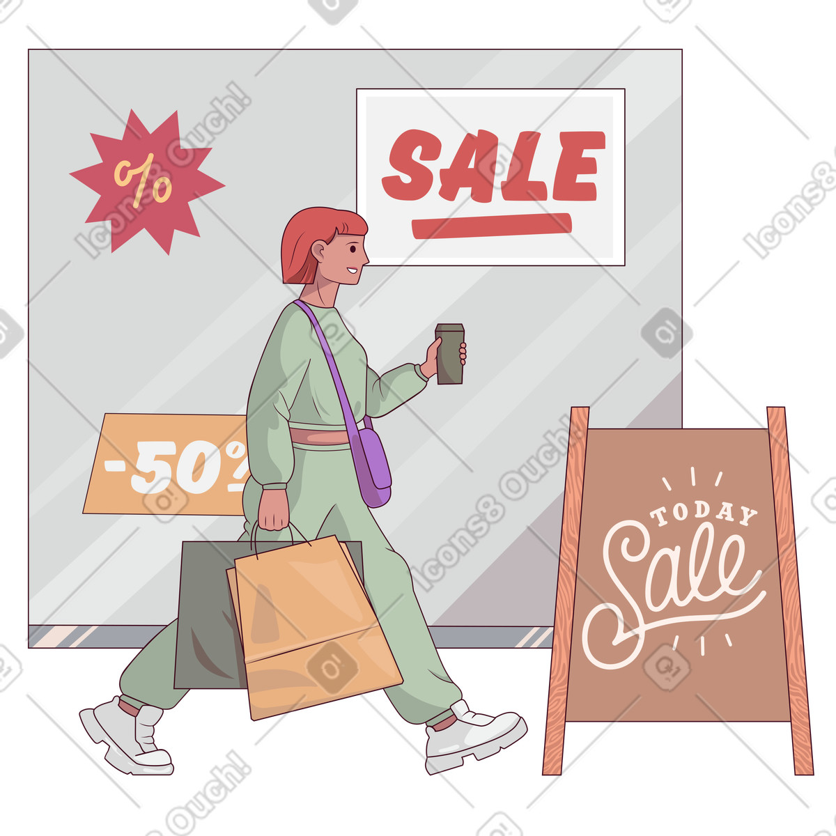 下载 Eastwood 风格的 一名妇女走过一家商店的橱窗，橱窗里摆着促销商品 插画，支持 PNG、SVG 格式