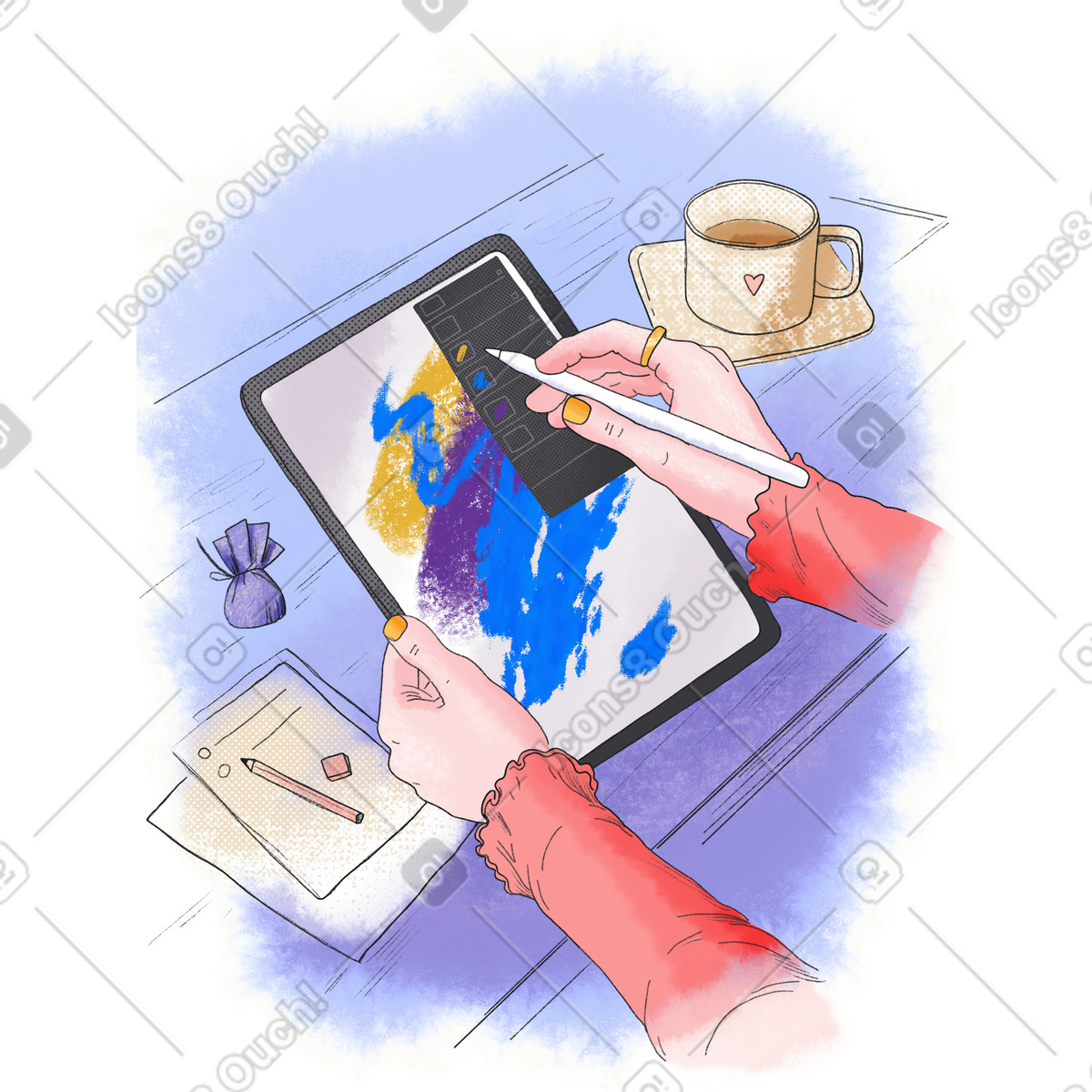 Ilustração de Mulher desenhando em um ipad em uma mesa em PNG e SVG