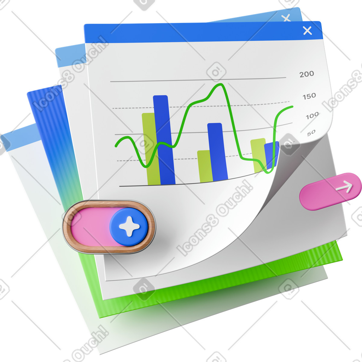 Browser window with combined chart and AI assistant animated illustration in GIF, Lottie (JSON), AE