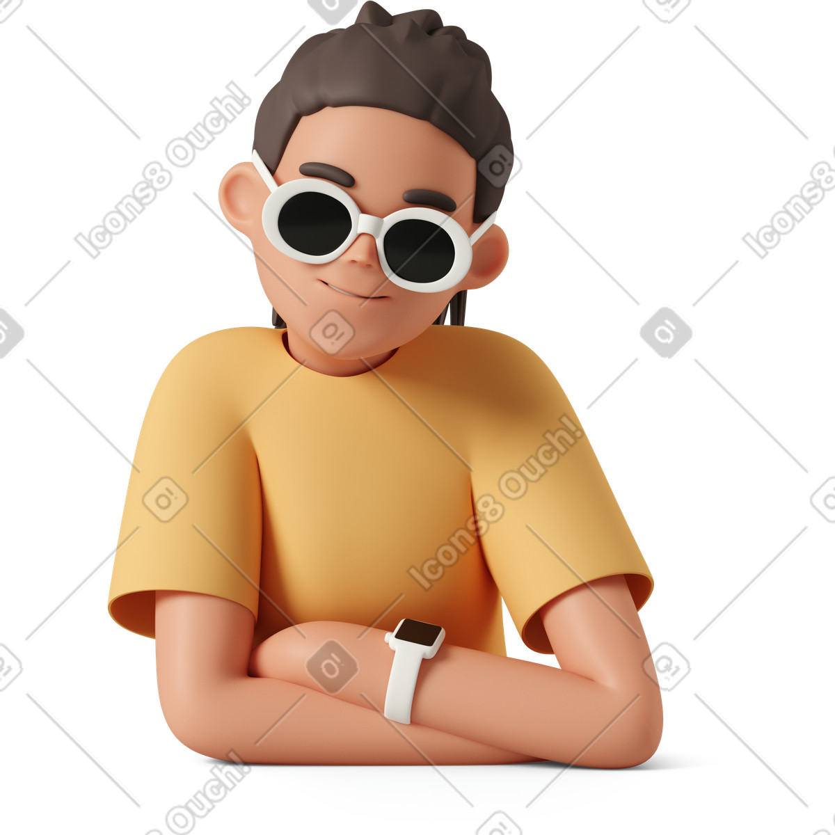 Illustration Young woman in sunglasses sitting with hands crossed dans le style 3D Casual life à télécharger aux formats PNG, SVG