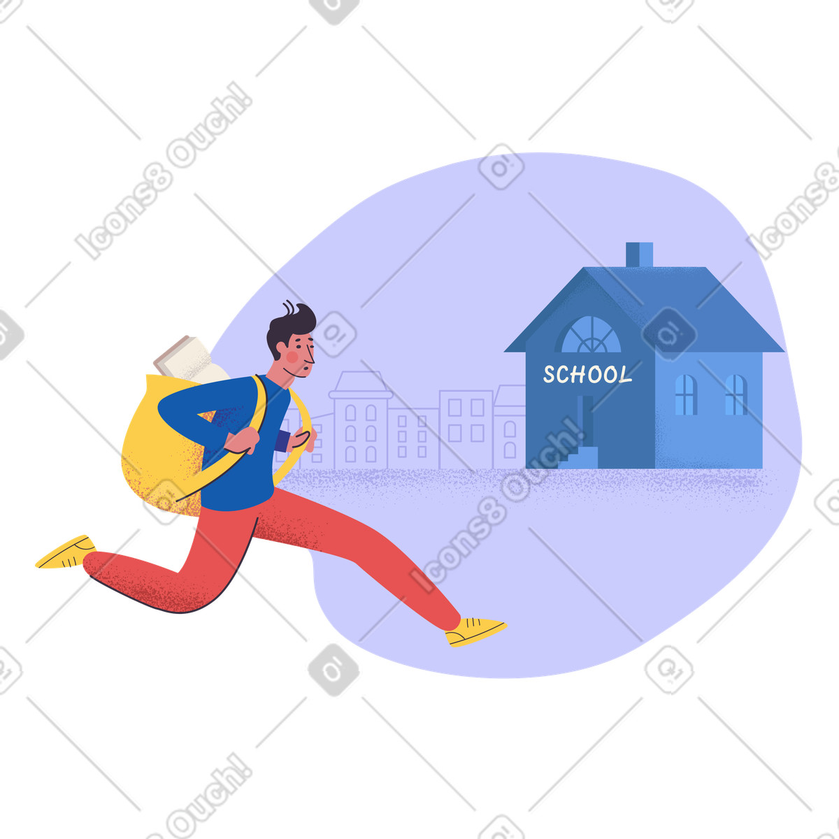 Ilustración Student running toward school building, Late arrival or morning rush en estilo Pale a descargar en PNG y SVG
