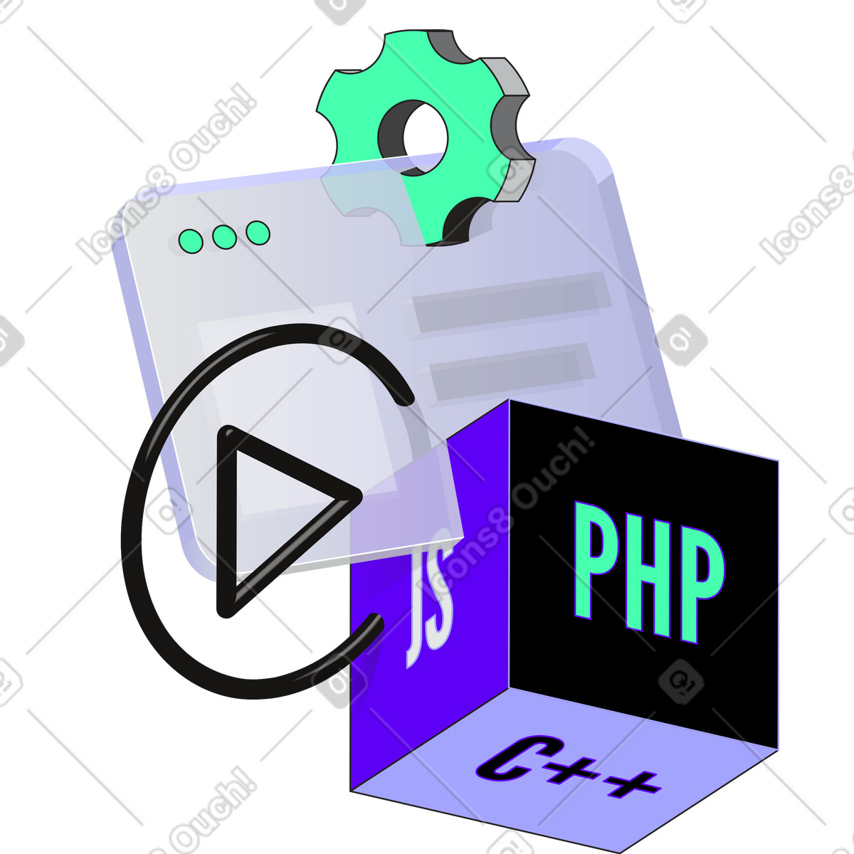 Programming languages browser window and gear illustration in Incut style download in PNG, SVG