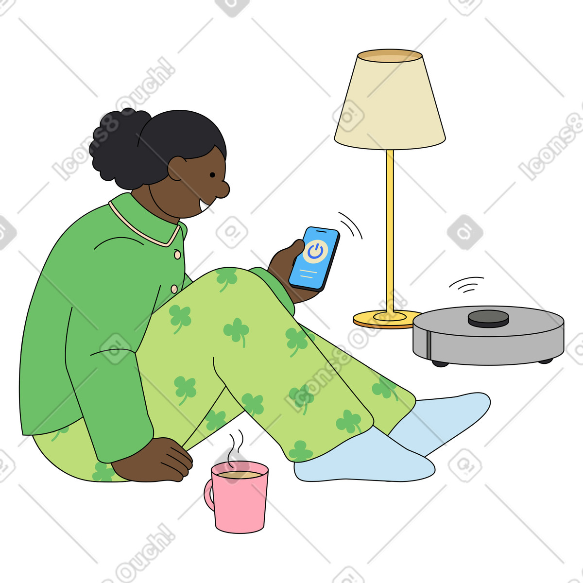 Ilustración Mujer controlando robot aspirador a través de smartphone en estilo Kindy descargar en PNG y SVG