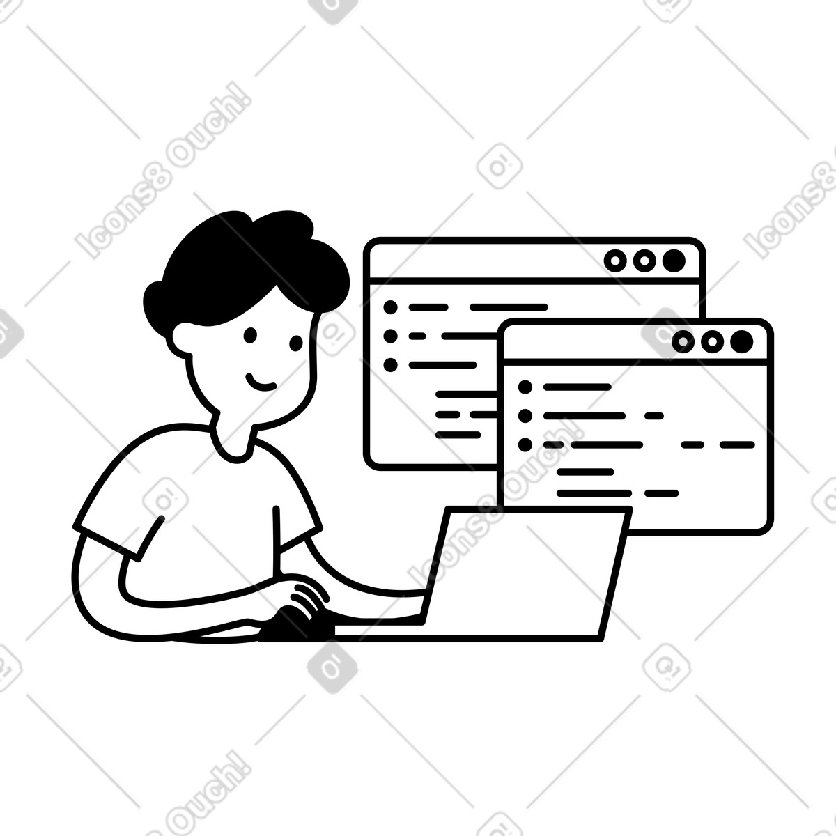 Notion Line Art スタイルの Programmer working on laptop with code windows and interface panels のイラストをPNG、SVG形式でダウンロード