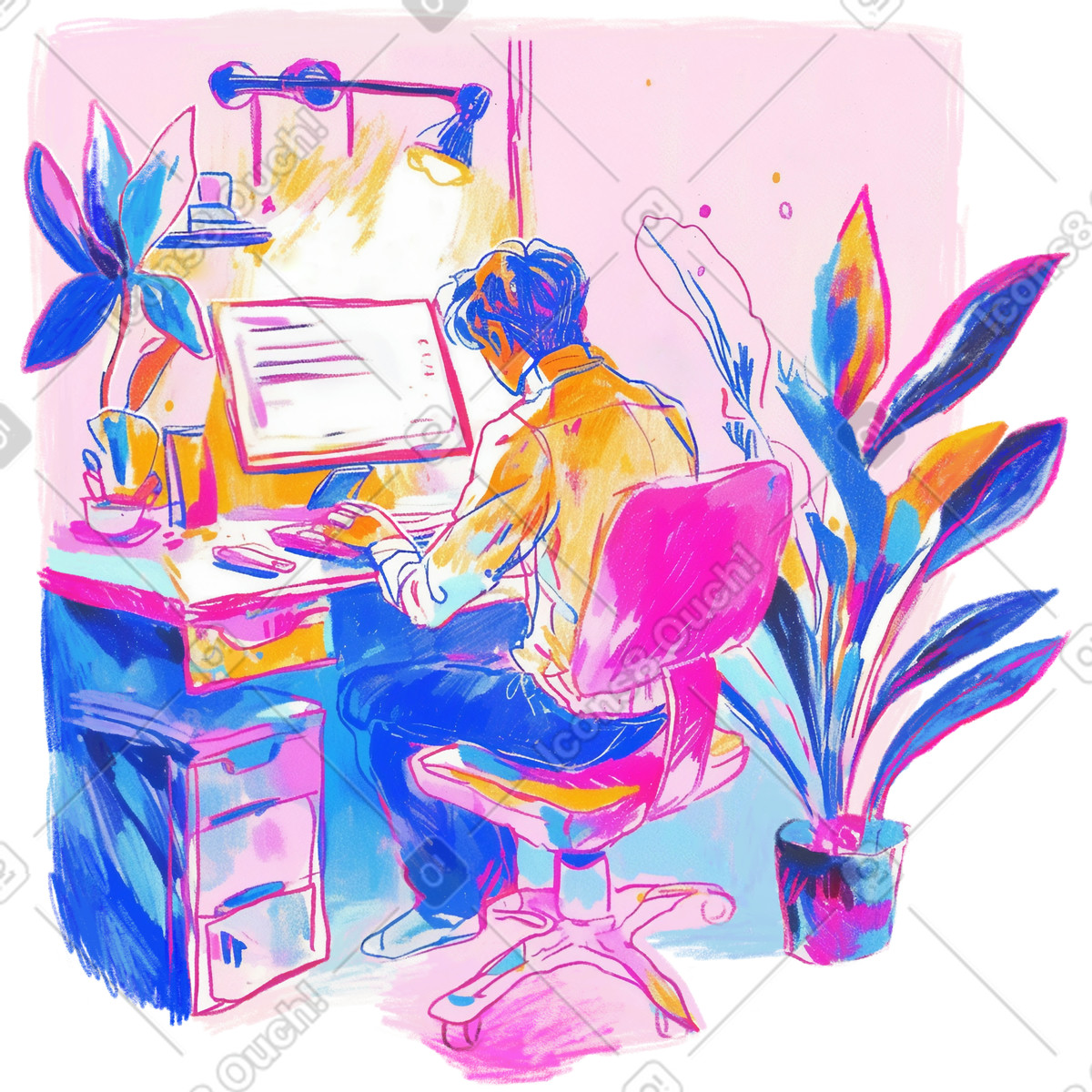 Pencil drawing of man working or studying on computer illustration in Fuchsia style download in PNG, SVG